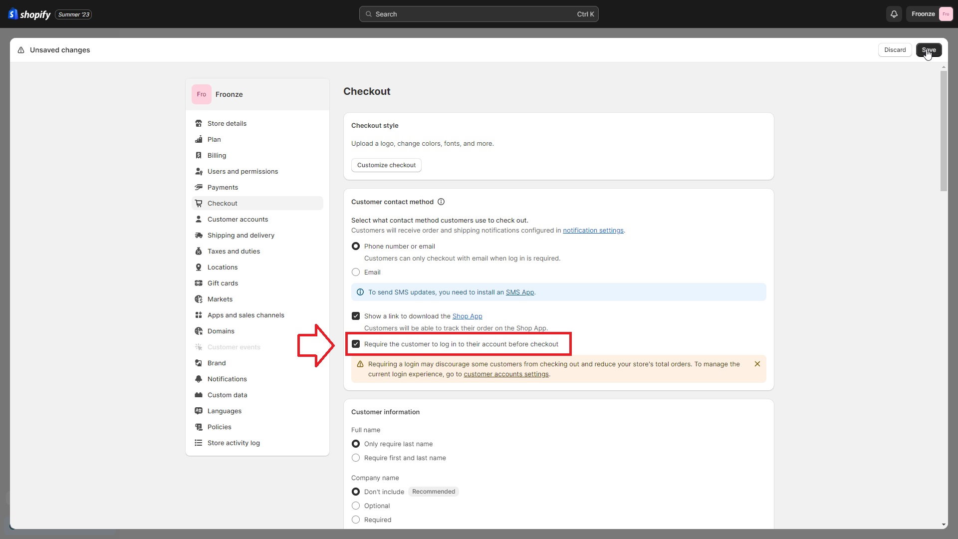 require log-in before checkout in Shopify Admin