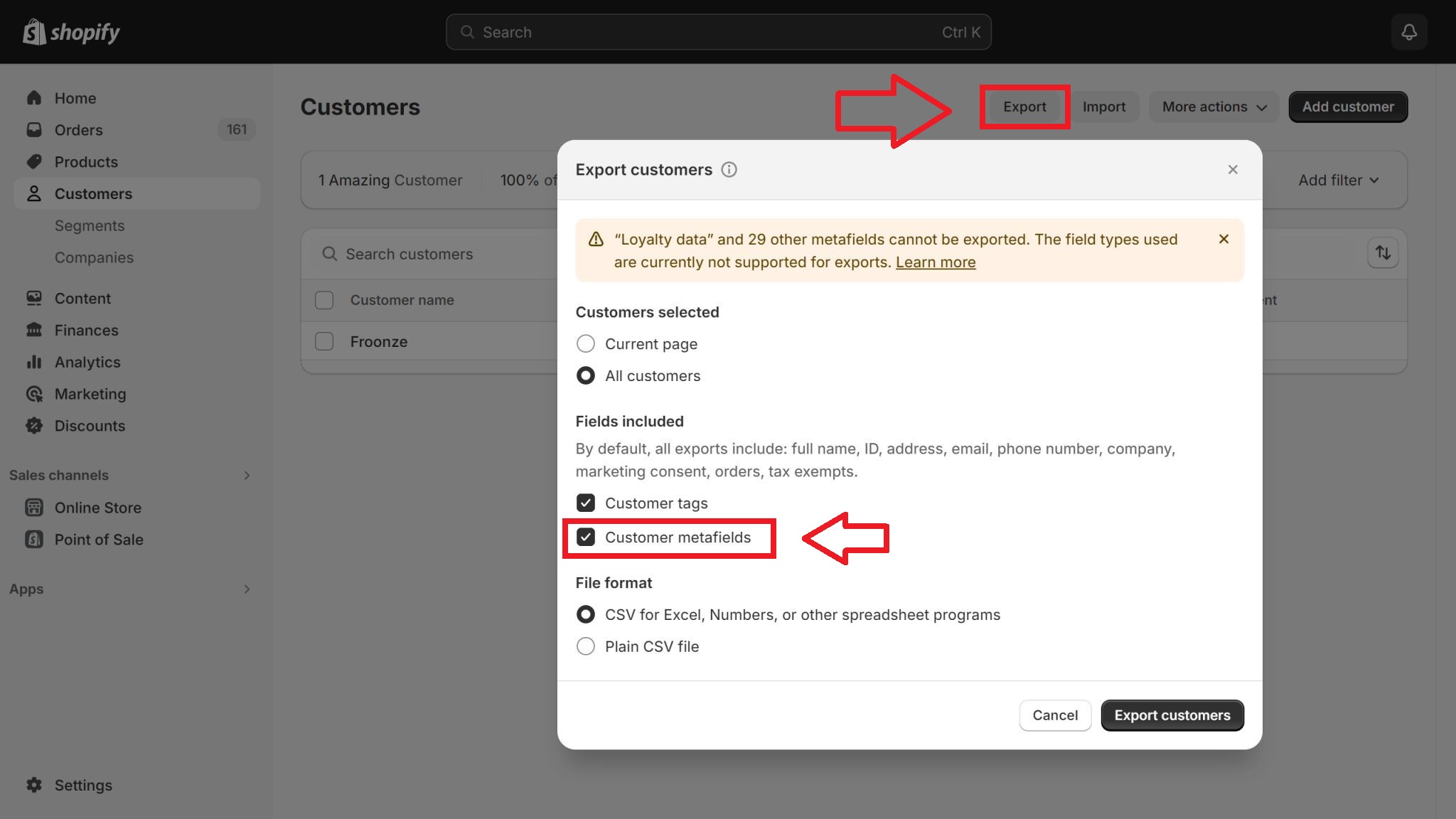 Export customer metafields in Shopify