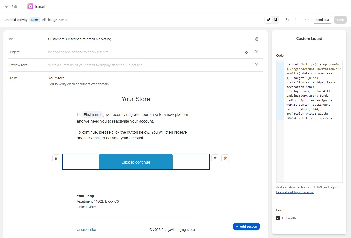 Shopify Email template editor - Custom Liquid. How to send bulk account invite shopify