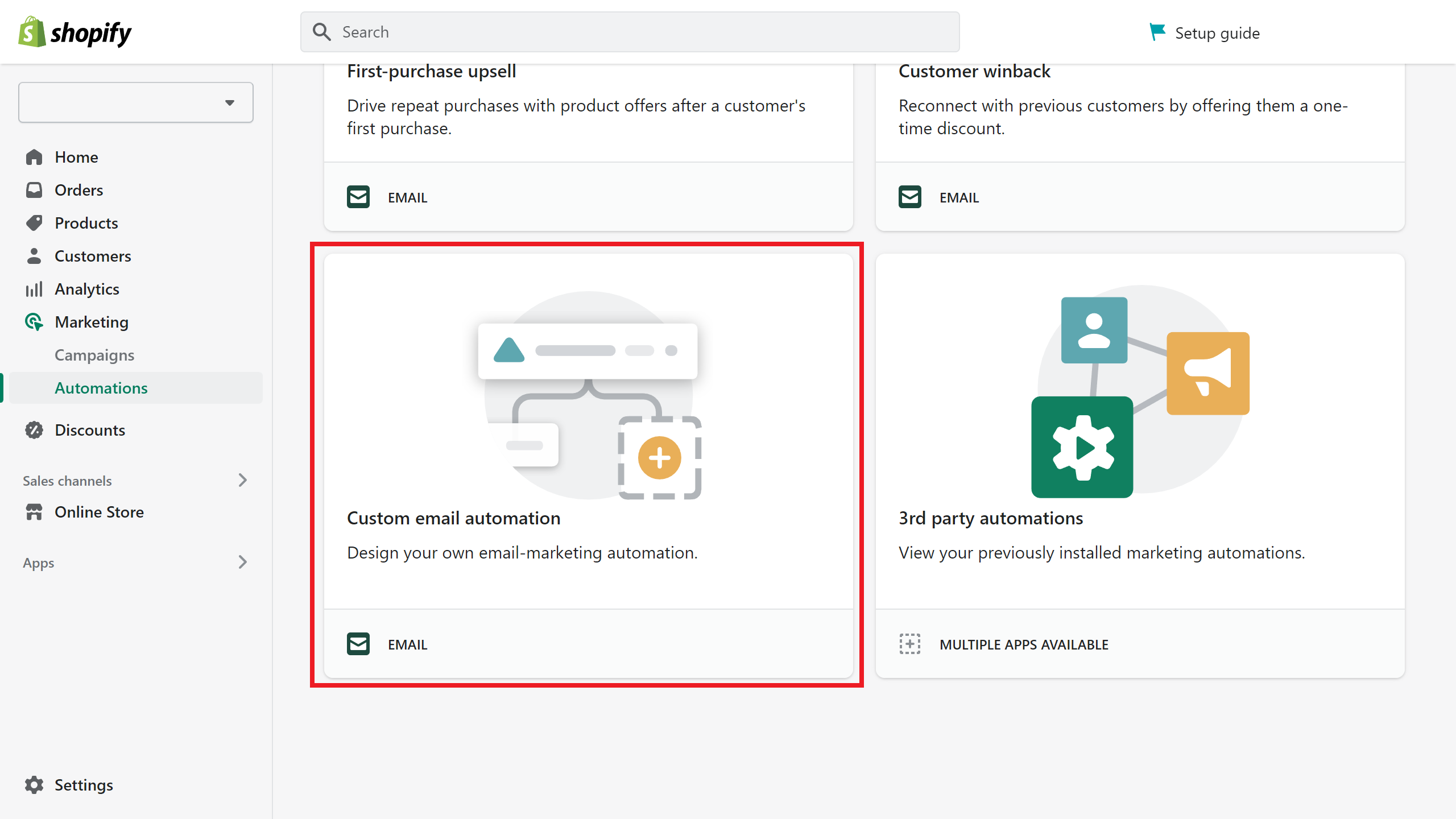 Marketing Automations custom automation in the Shopify Admin