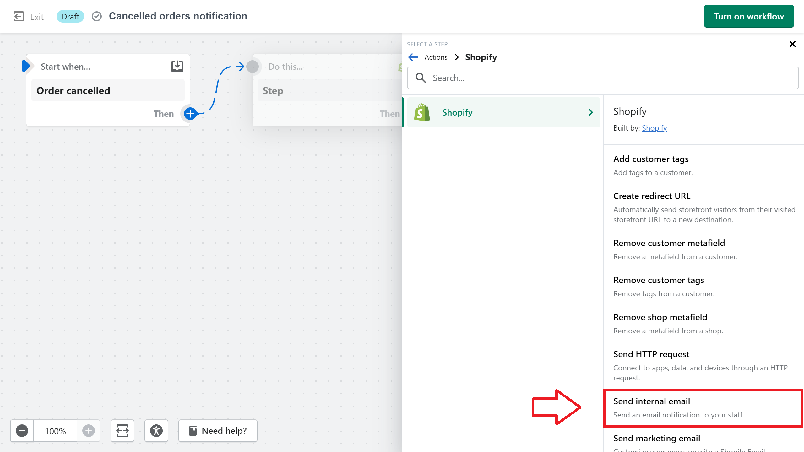 Marketing Automations Send Internal Email in the Shopify Admin