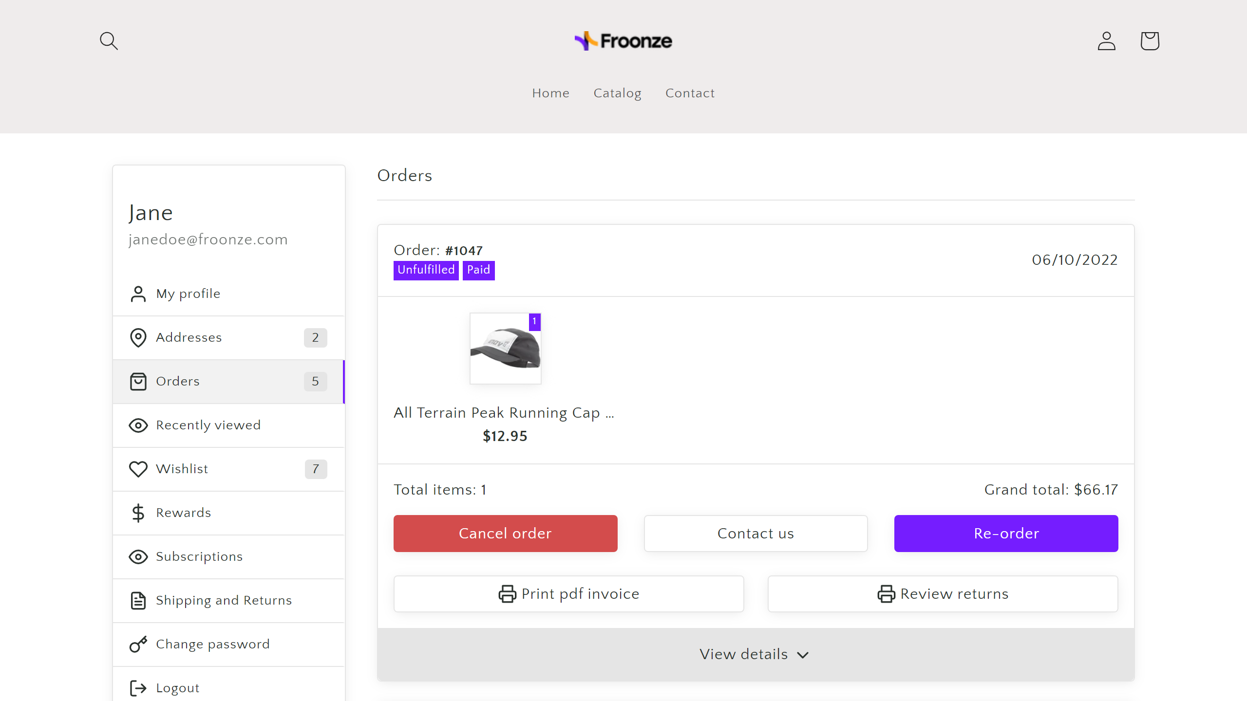 View of Froonze Account Widget with Cancel Button