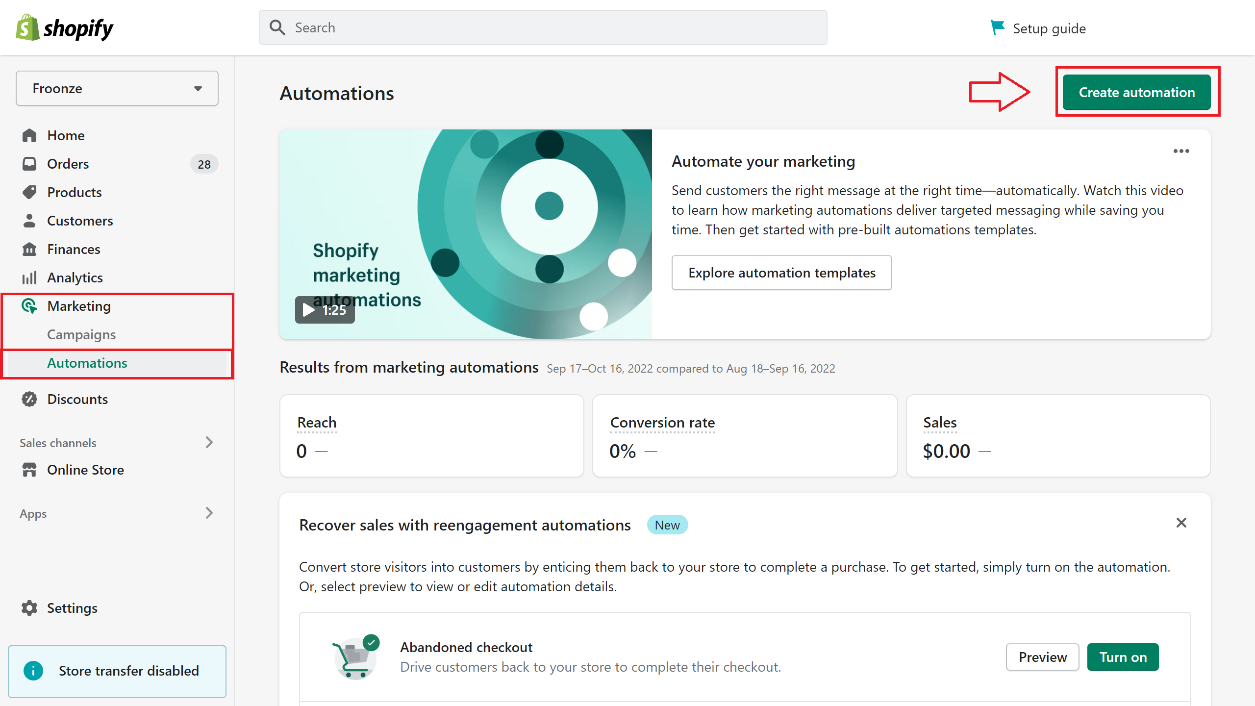 Marketing Automations main panel in the Shopify Admin