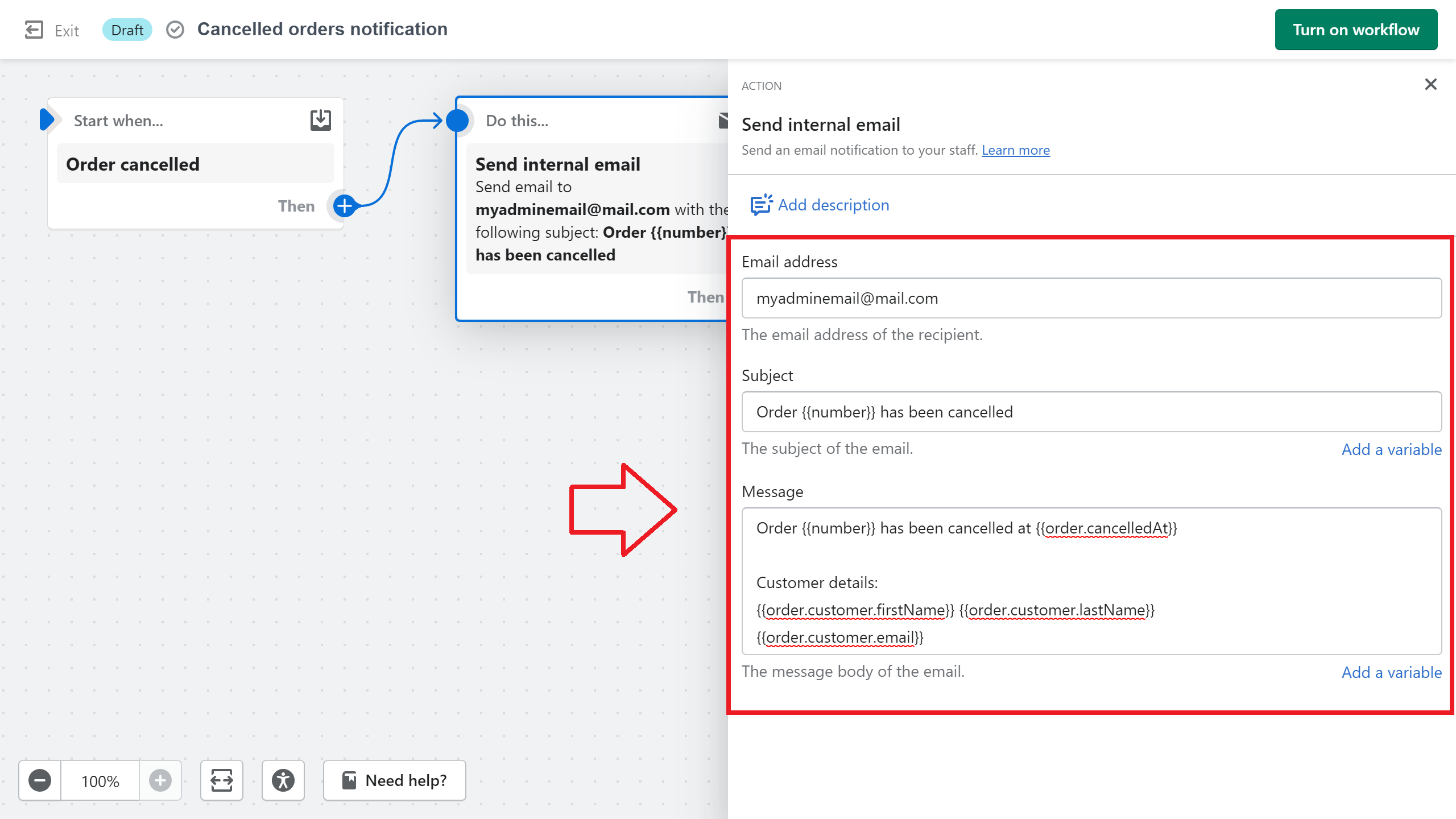 Marketing Automations Send Internal Email template in the Shopify Admin