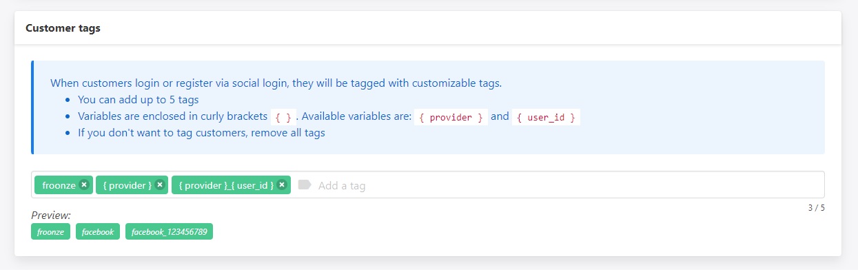 Froonze Social Login Auto-tagging settings