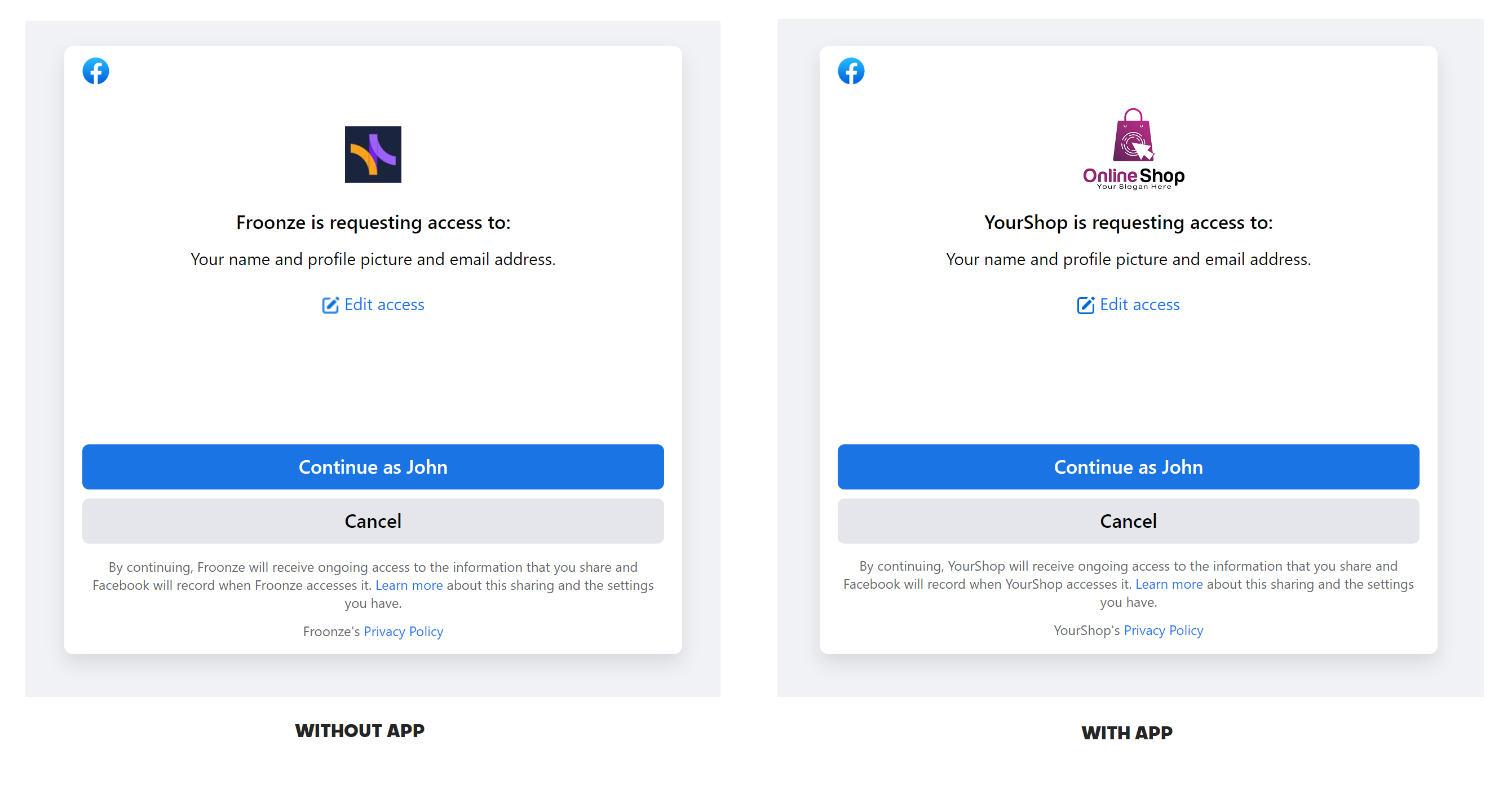 View of login panel with and without custom API keys