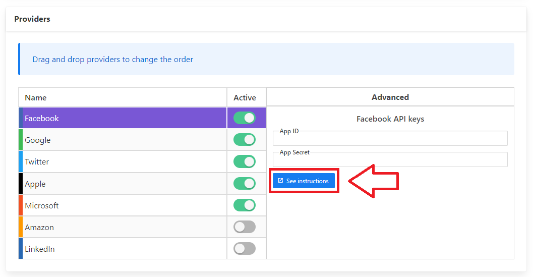 Froonze Social Login providers settings