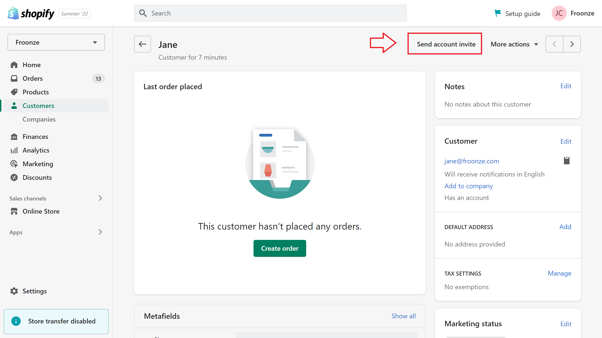 Shopify customers panel - Send account invite