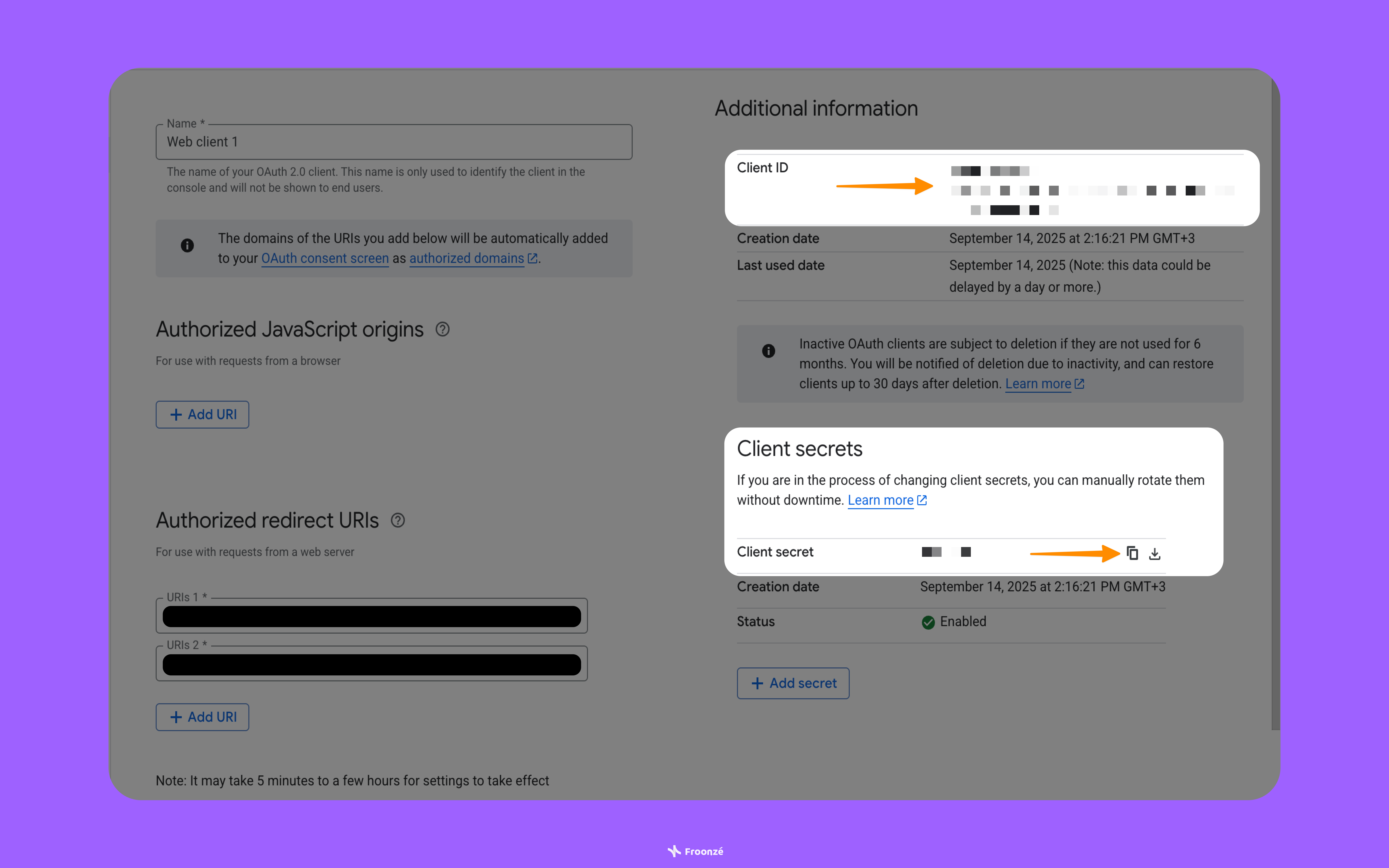 A screenshot highlighting the Client Id and Client secrets sections