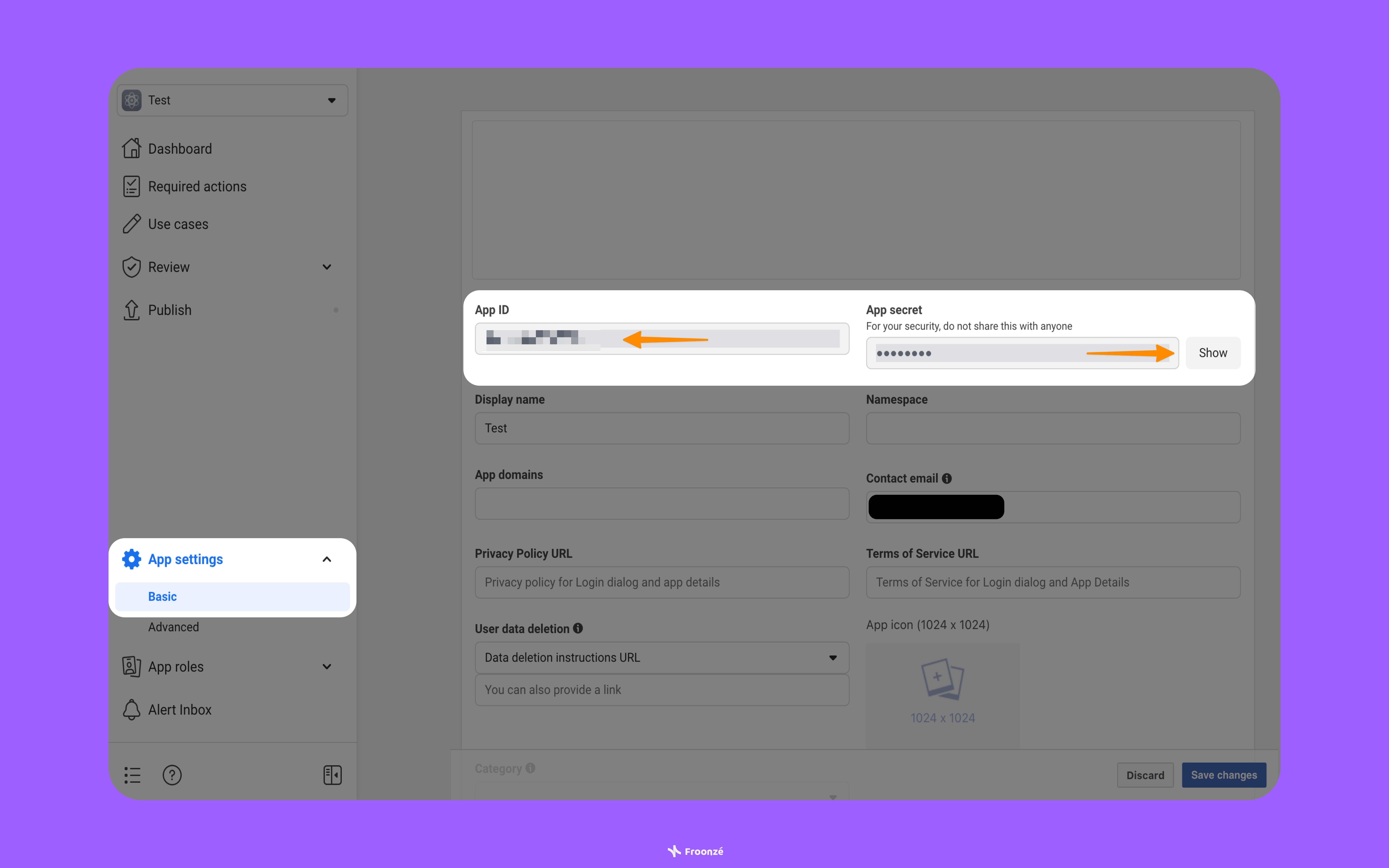 A screenshot highlighting the App Id and App secret in the Meta App Dashboard