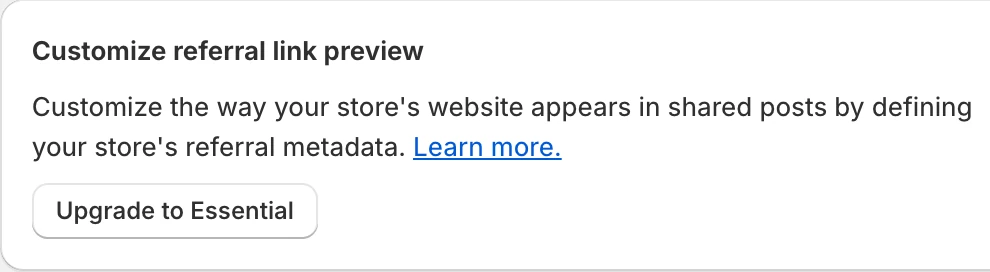 Screenshot: Customize referral link preview: Upgrade to Essential.