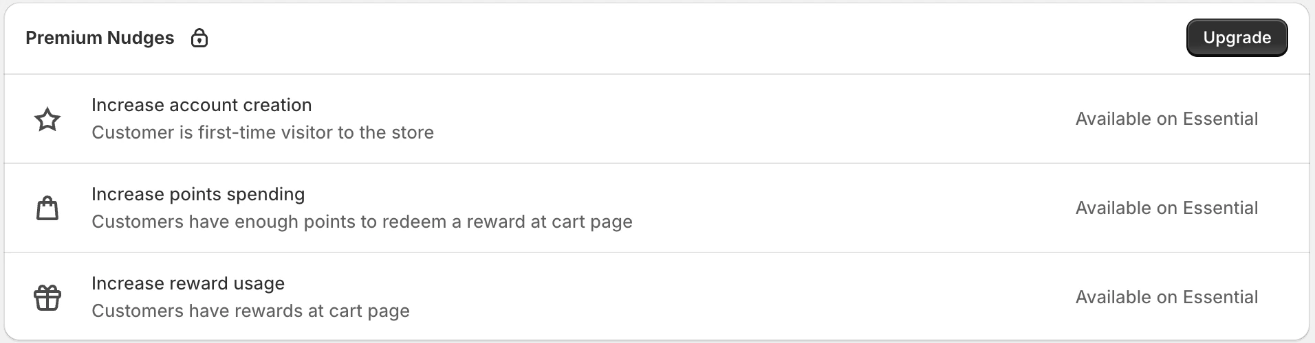 Screenshot: Premium nudges: increase account creation, points spending and reward usage, available on Essential.