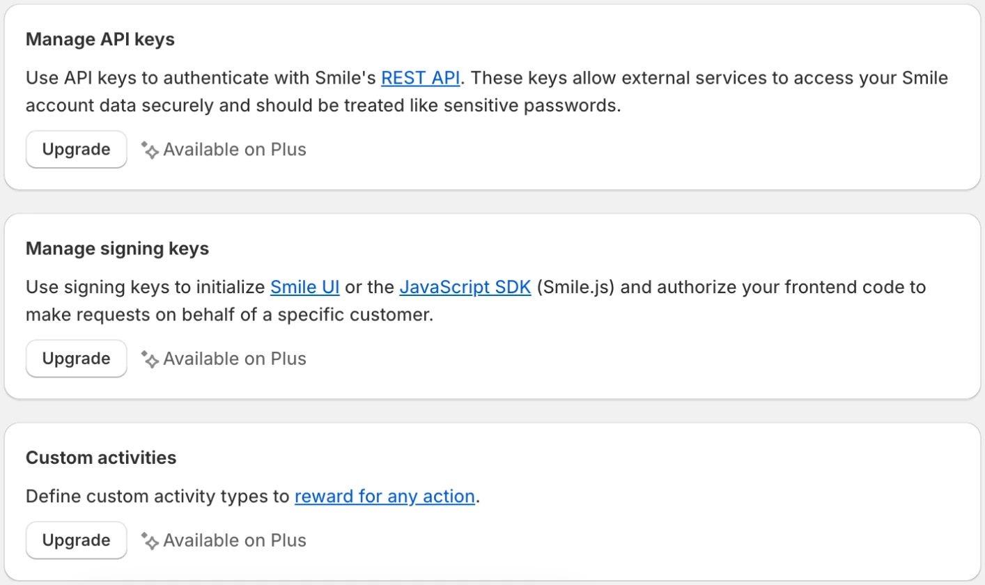Screenshot: Developer tools: API keys, signing keys and custom activities, available on Plus.