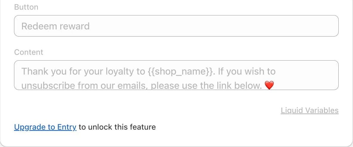 Screenshot: Growave email editor: button and content fields greyed out with "Upgrade to Entry".