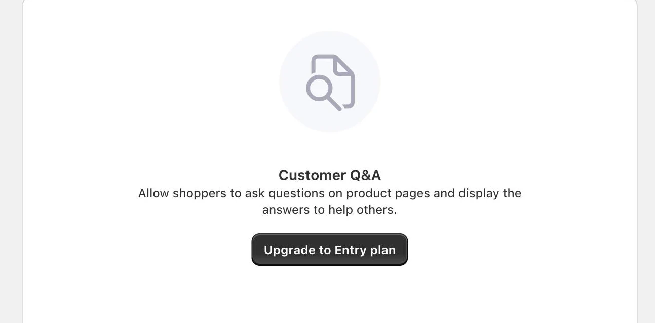 Screenshot: Growave Customer Q&A card with an "Upgrade to Entry plan" button.