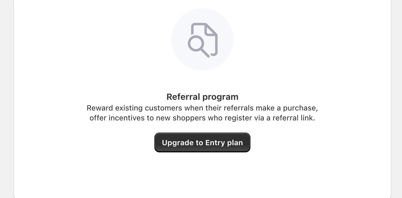Screenshot: Growave referral program card with an "Upgrade to Entry plan" button.