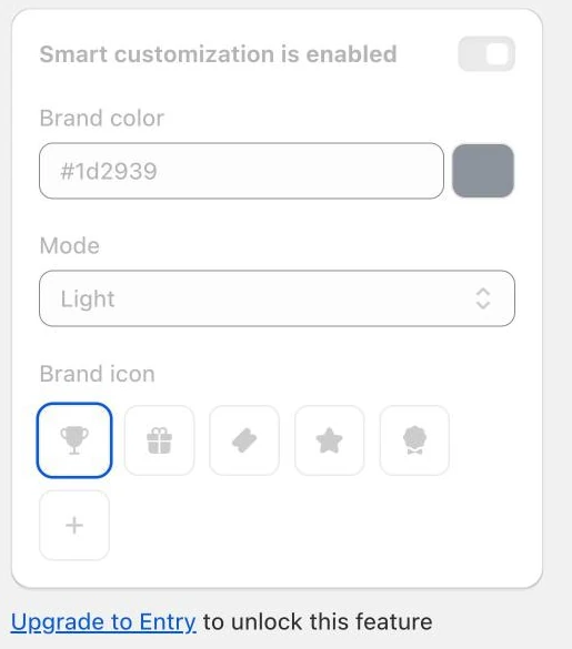 Screenshot: Growave branding editor: brand colour, mode and brand icon greyed out with "Upgrade to Entry".