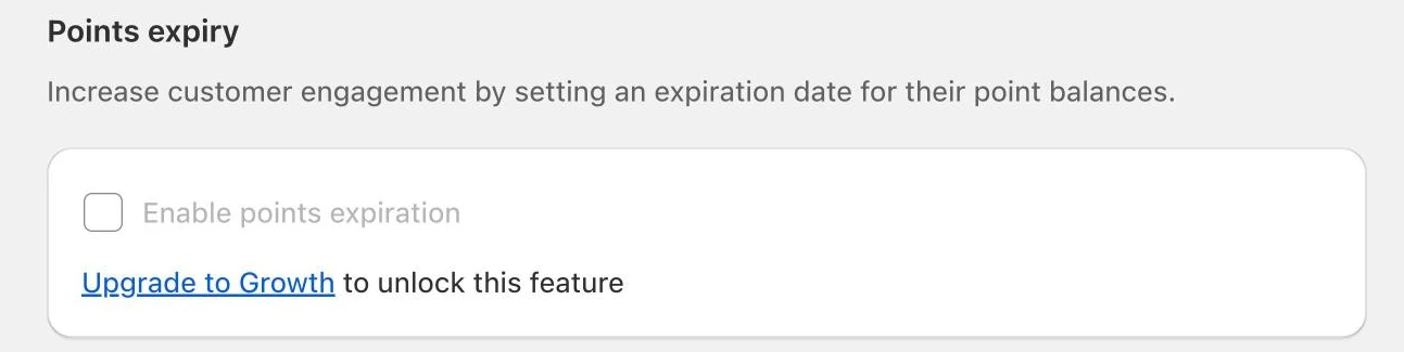 Screenshot: Growave points expiry setting locked with "Upgrade to Growth".
