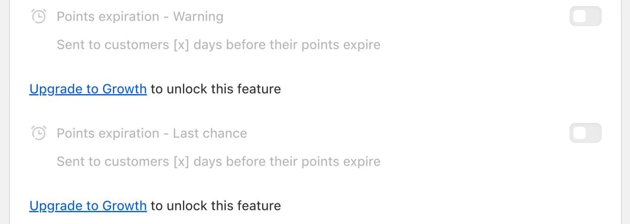 Screenshot: Growave points expiration warning and last-chance emails, each locked with "Upgrade to Growth".