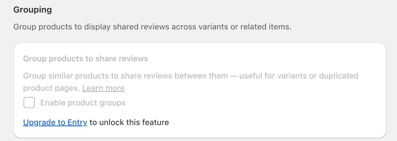 Screenshot: Growave review grouping setting locked with "Upgrade to Entry".