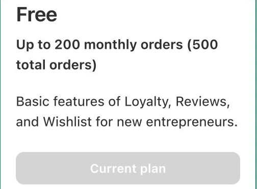 Screenshot: Growave billing page: Free plan, up to 200 monthly orders (500 total orders), Current plan.