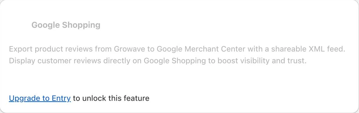 Screenshot: Growave Google Shopping integration card locked with "Upgrade to Entry".