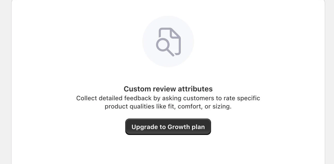 Screenshot: Growave custom review attributes card with an "Upgrade to Growth plan" button.
