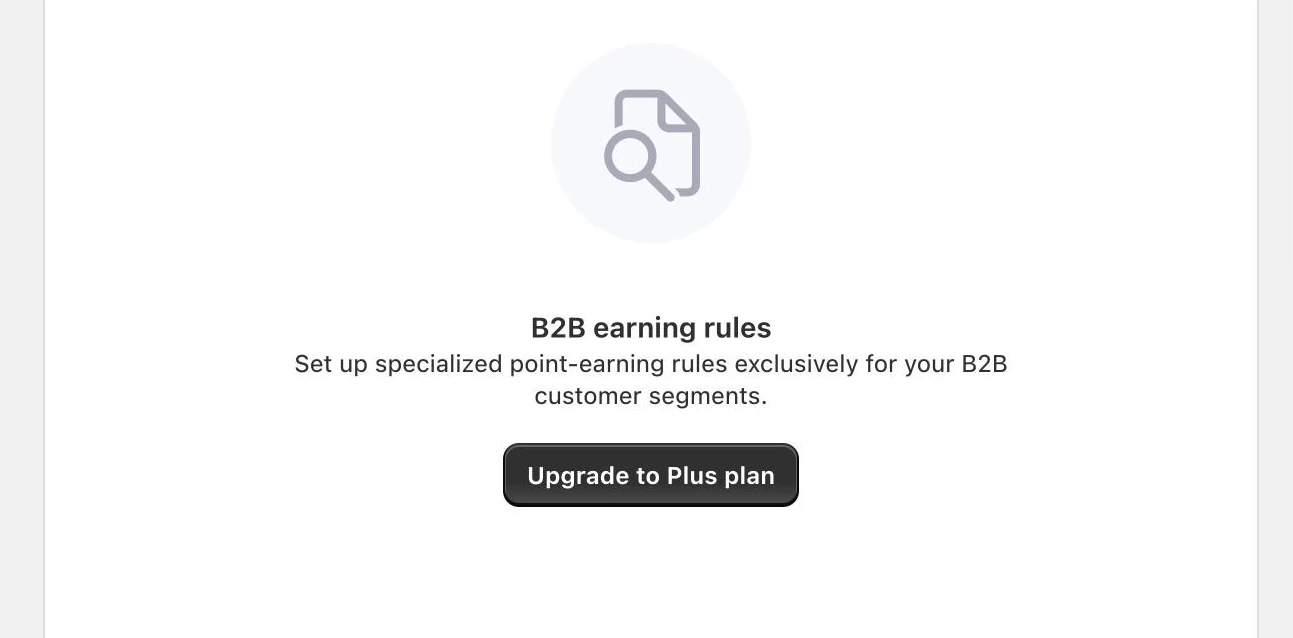 Screenshot: Growave B2B earning rules card with an "Upgrade to Plus plan" button.