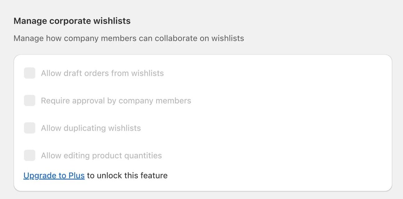 Screenshot: Growave corporate wishlist settings locked with "Upgrade to Plus".