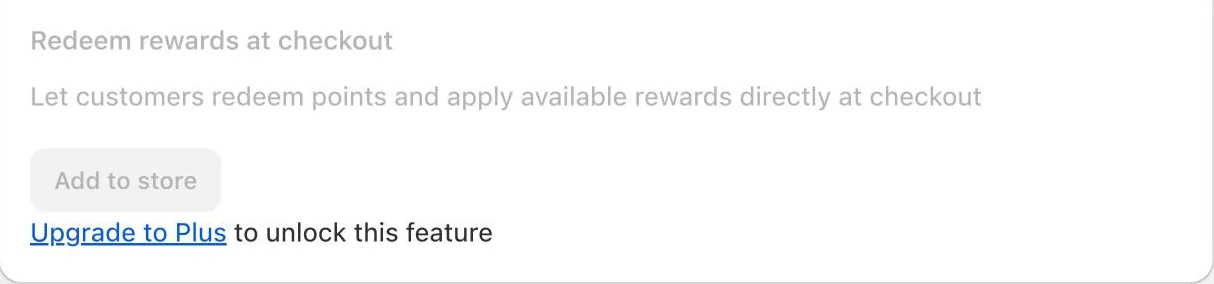 Screenshot: Growave redeem rewards at checkout extension locked with "Upgrade to Plus".