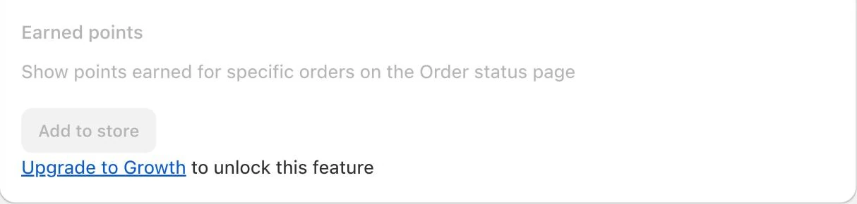 Screenshot: Growave earned points extension locked with "Upgrade to Growth".