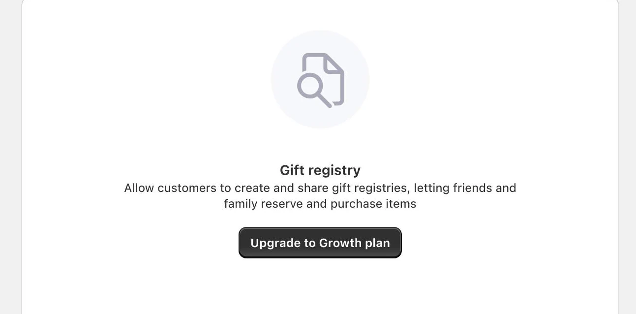 Screenshot: Growave gift registry card with an "Upgrade to Growth plan" button.