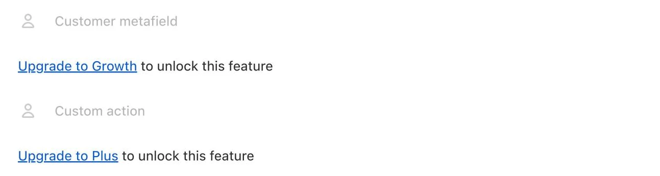 Screenshot: Growave earning actions: customer metafield locked to Growth, custom action locked to Plus.