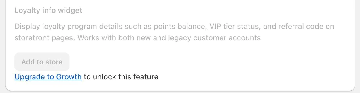 Screenshot: Growave loyalty info widget locked with "Upgrade to Growth".