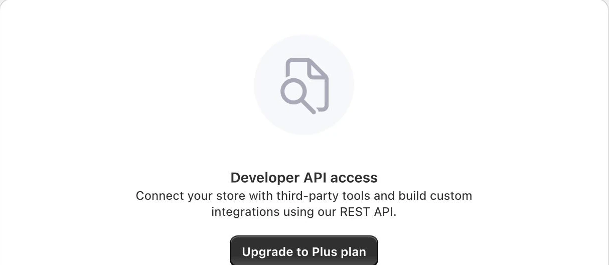 Screenshot: Growave developer API access card with an "Upgrade to Plus plan" button.