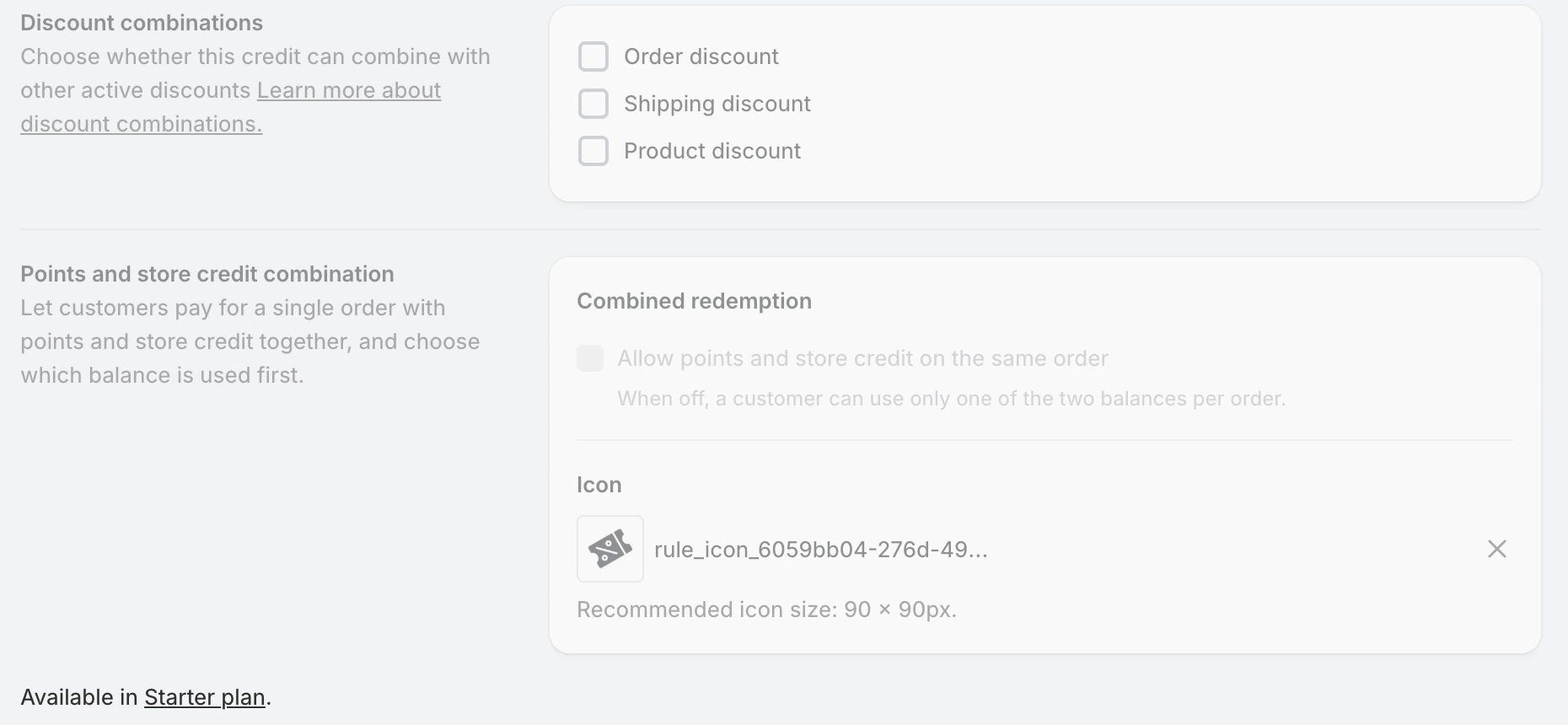 Screenshot: Flits Store credit settings greyed out with "Available in Starter plan."