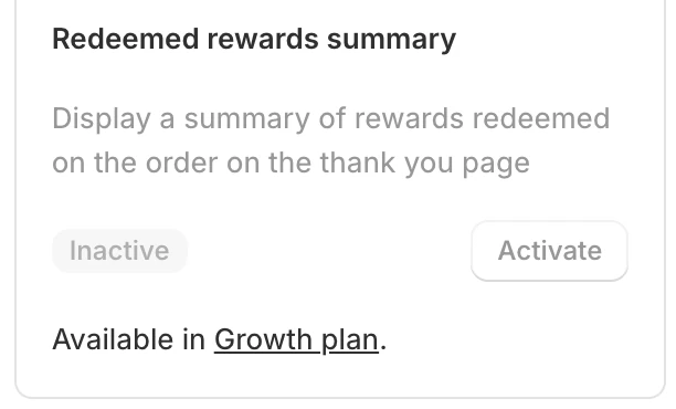 Screenshot: Flits Redeemed rewards summary card marked "Available in Growth plan."