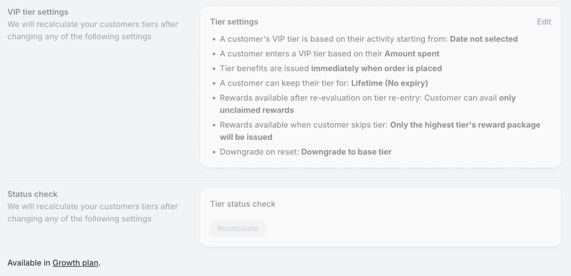 Screenshot: Flits VIP tier settings greyed out with "Available in Growth plan."
