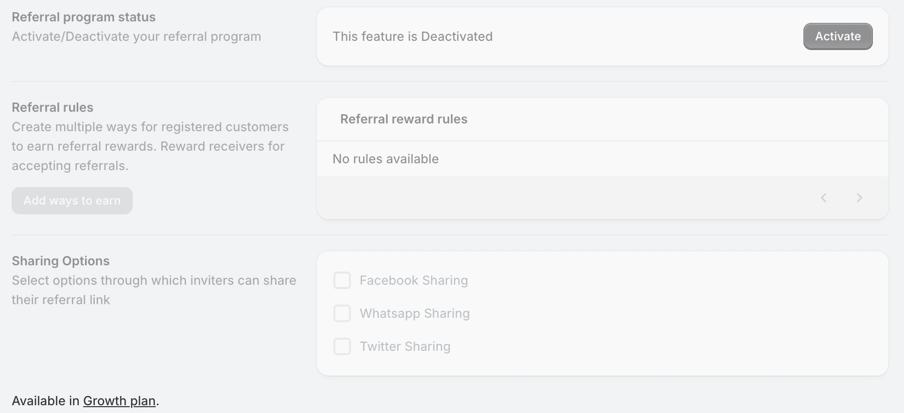 Screenshot: Flits Referral tab greyed out with "Available in Growth plan."