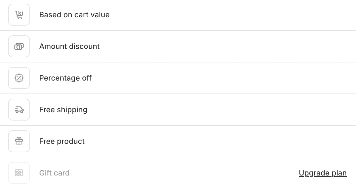 Screenshot: Flits reward types with Gift card marked "Upgrade plan".
