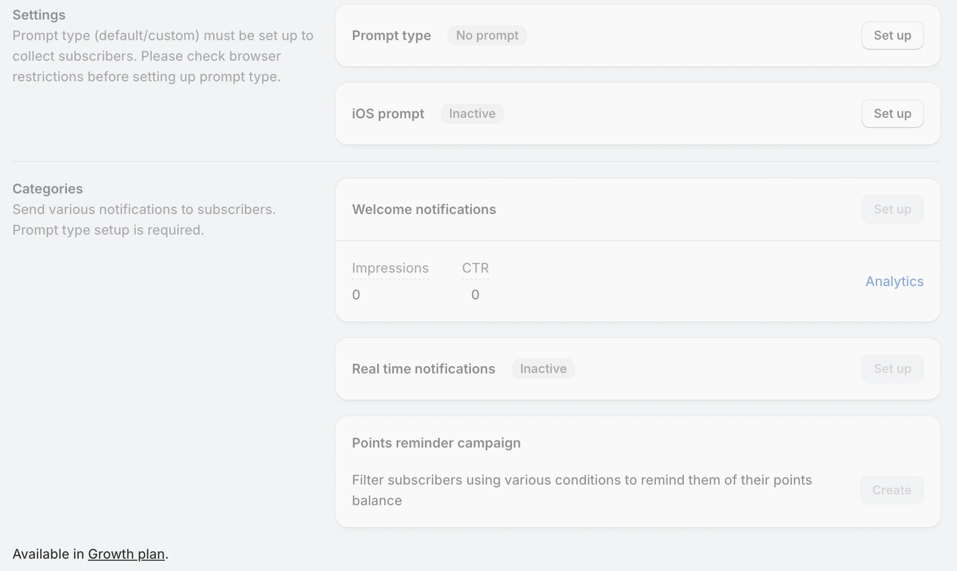 Screenshot: Flits push notification settings greyed out with "Available in Growth plan."