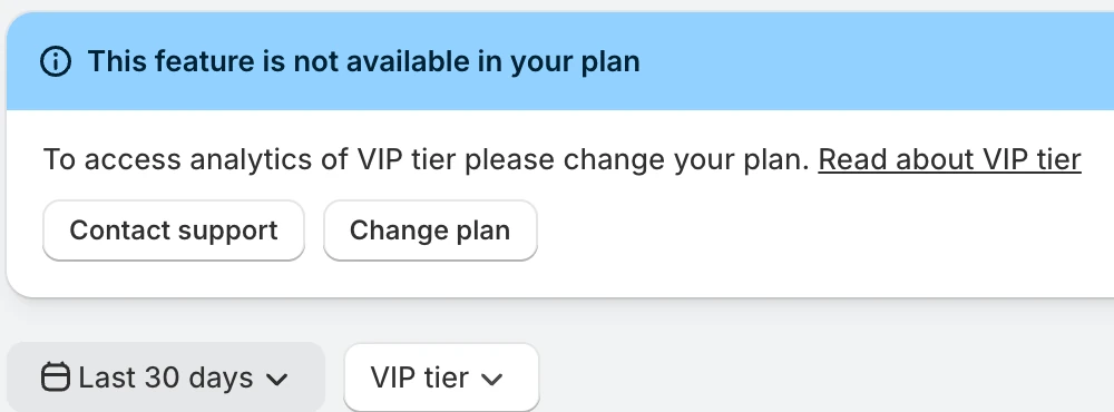 Screenshot: Flits analytics banner "This feature is not available in your plan" on the VIP tier view.