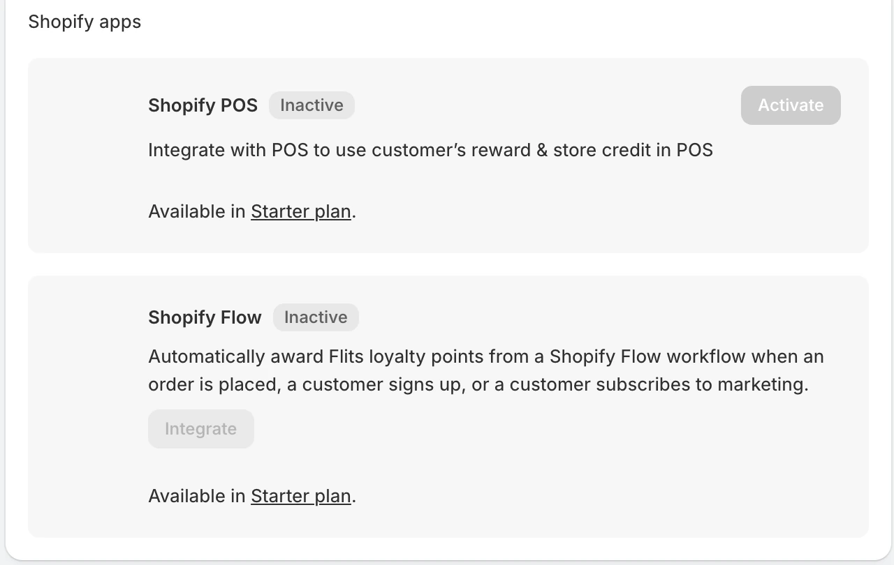 Screenshot: Flits Shopify POS and Shopify Flow integration cards, each marked "Available in Starter plan."