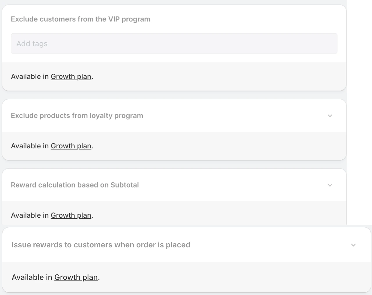 Screenshot: Flits loyalty settings with four options marked "Available in Growth plan."