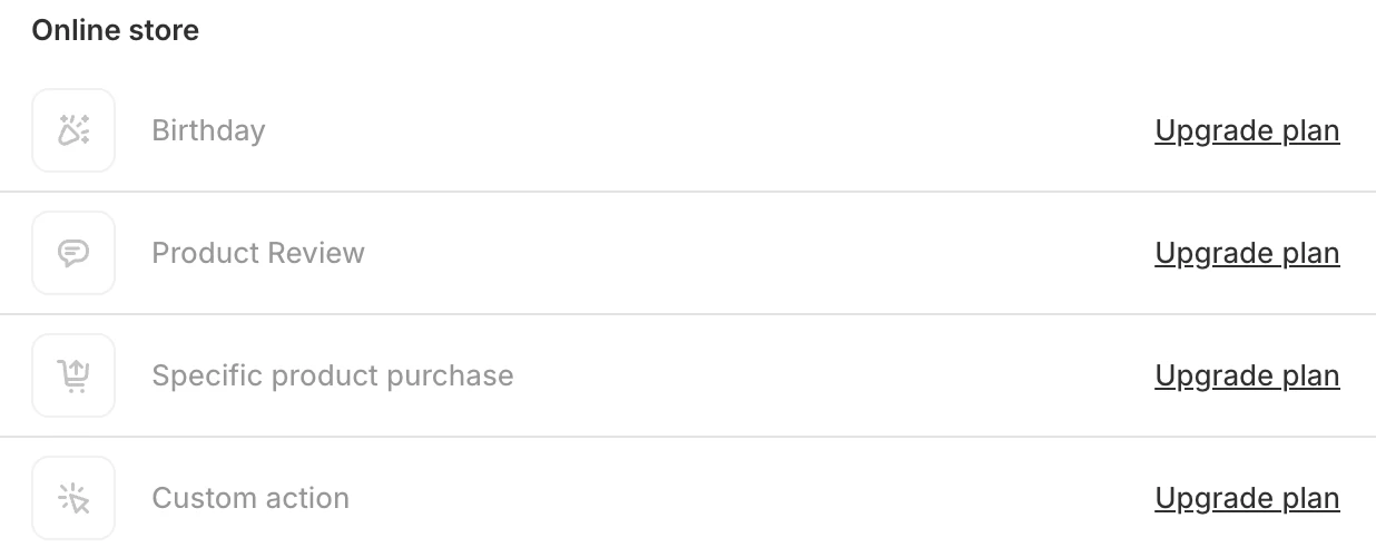Screenshot: Flits earning actions Birthday, Product Review, Specific product purchase and Custom action, each with "Upgrade plan".