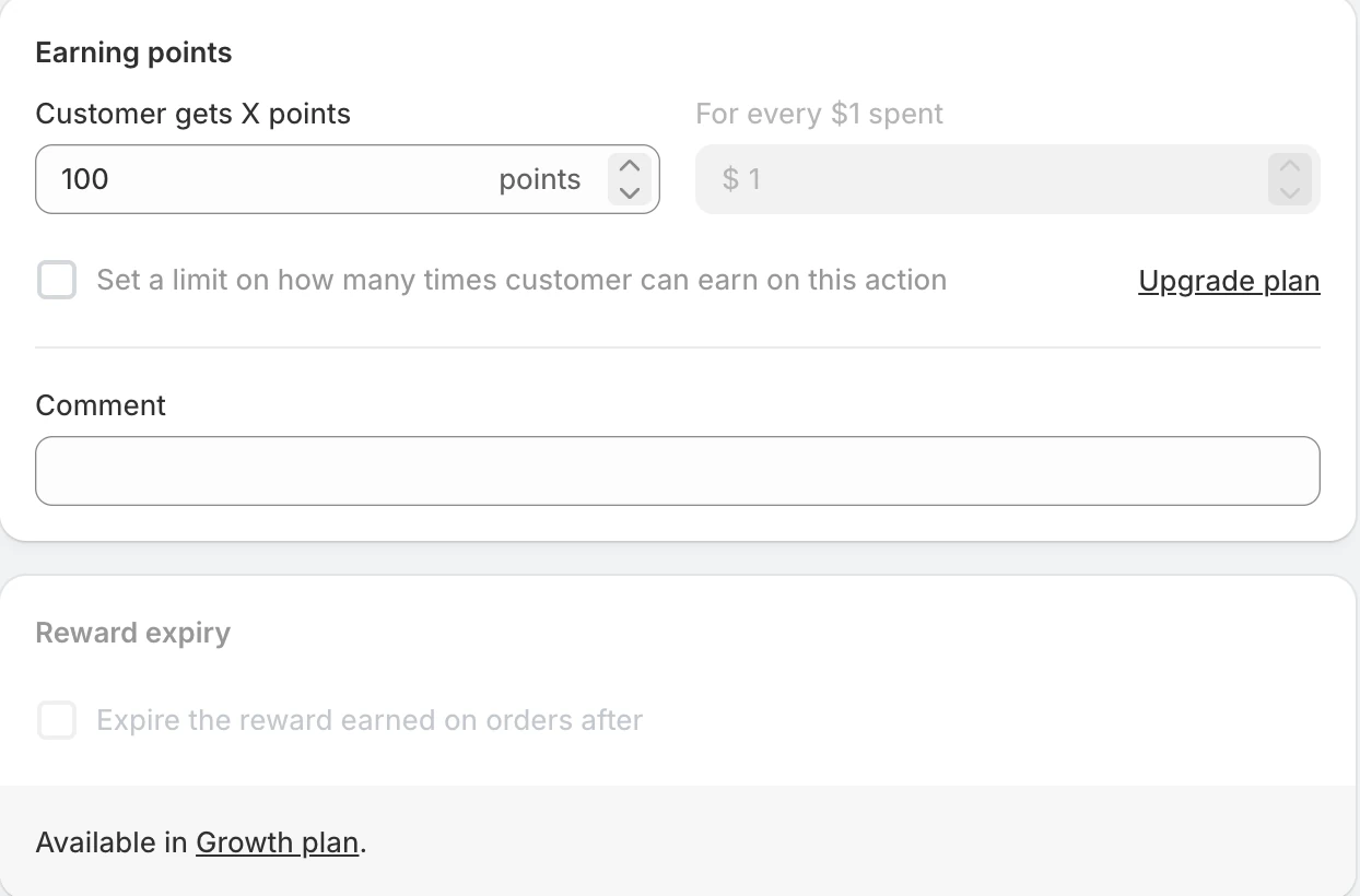 Screenshot: Flits Place order rule with Reward expiry disabled, "Available in Growth plan."
