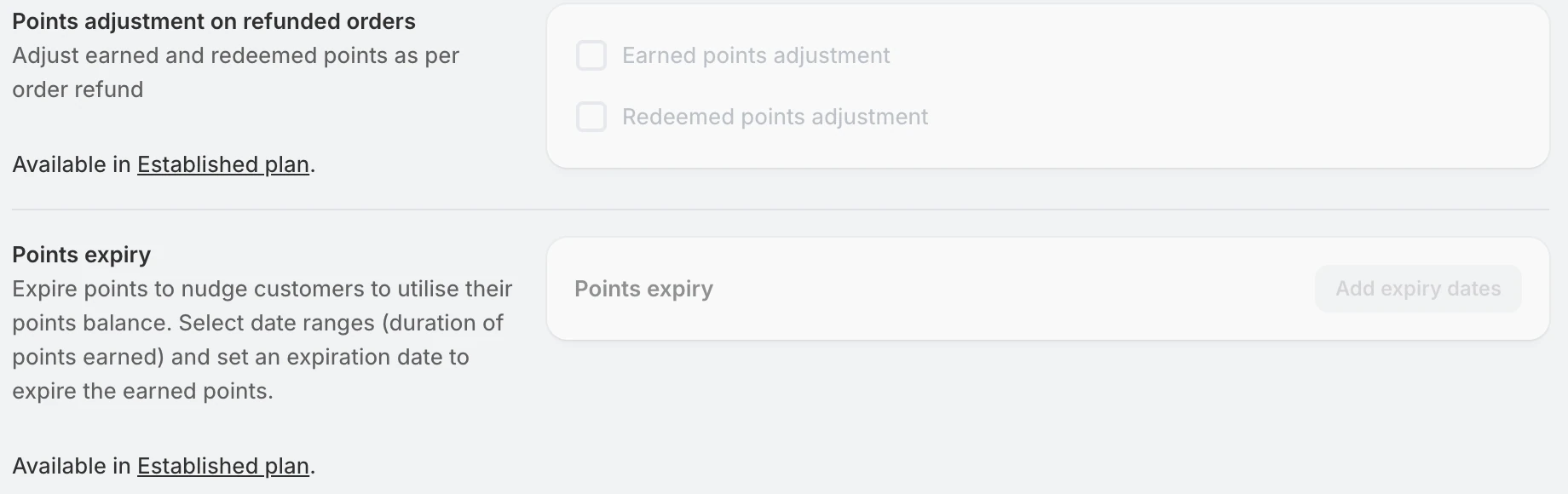 Screenshot: Flits refunded-order adjustment and Points expiry marked "Available in Established plan."