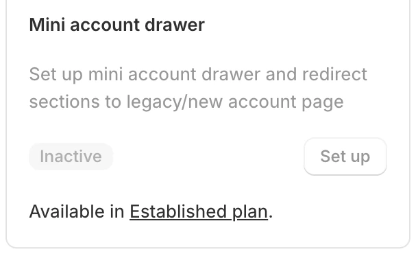 Screenshot: Flits Mini account drawer card marked "Available in Established plan."