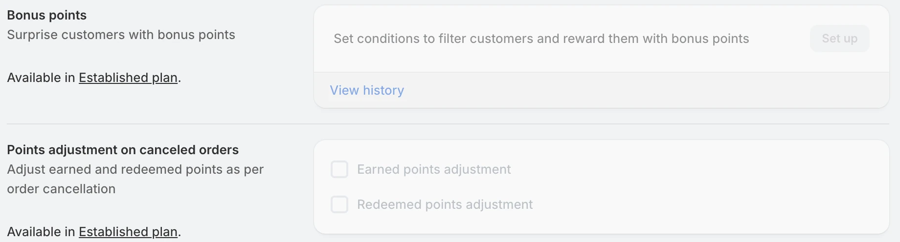 Screenshot: Flits Bonus points and cancelled-order adjustment marked "Available in Established plan."
