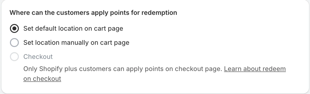 Screenshot: Flits redemption location with Checkout disabled for non-Shopify Plus stores.